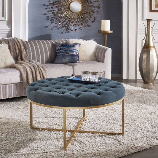 Faux Leather Tufted Round Ottoman - Blue