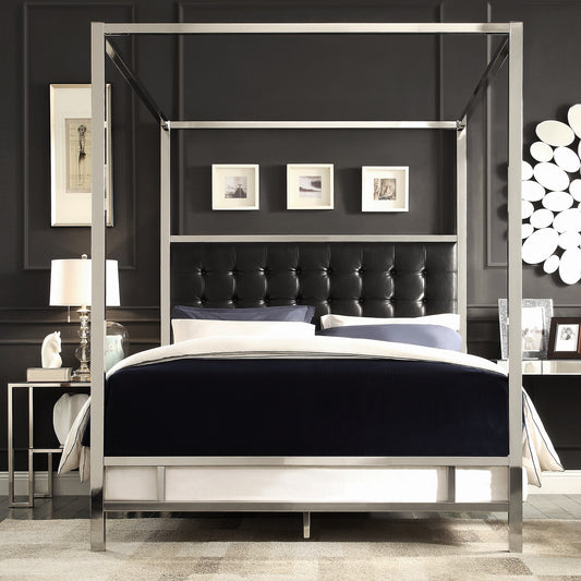 Metal Canopy Bed with Upholstered Headboard - Black Bonded Leather, Chrome Finish, King Size