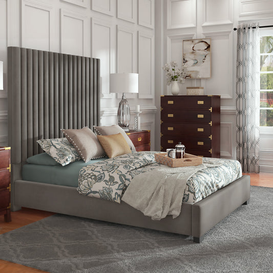 Tufted Solid Wood and Upholstered Platform Bed - Grey Velvet, Full
