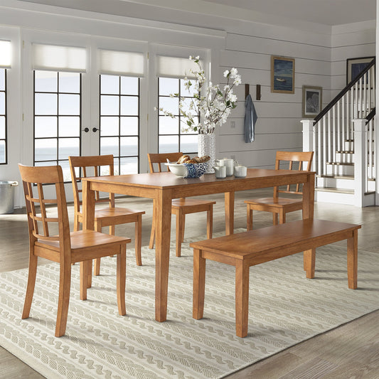 60-inch Rectangular Oak Finish Dining Set - Window Back Chairs, 6-Piece Set