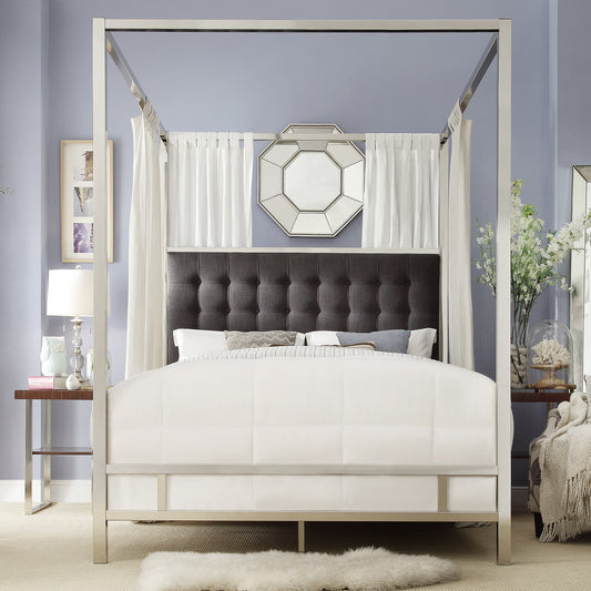 Metal Canopy Bed with Upholstered Headboard - Dark Grey Linen, Chrome Finish, King Size
