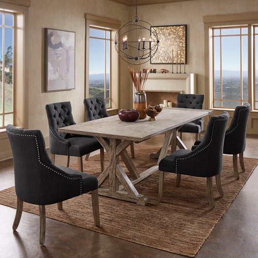 Reclaimed Wood Table with Curved Back Tufted Chairs Dining Set - Antique Grey Oak Finish, Dark Grey Linen, 7-piece