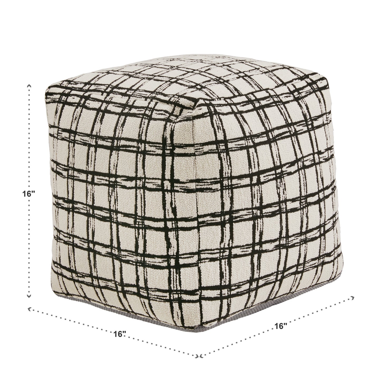 Upholstered Square Pouf Ottoman - Ivory & Black Plaid Pattern Fabric