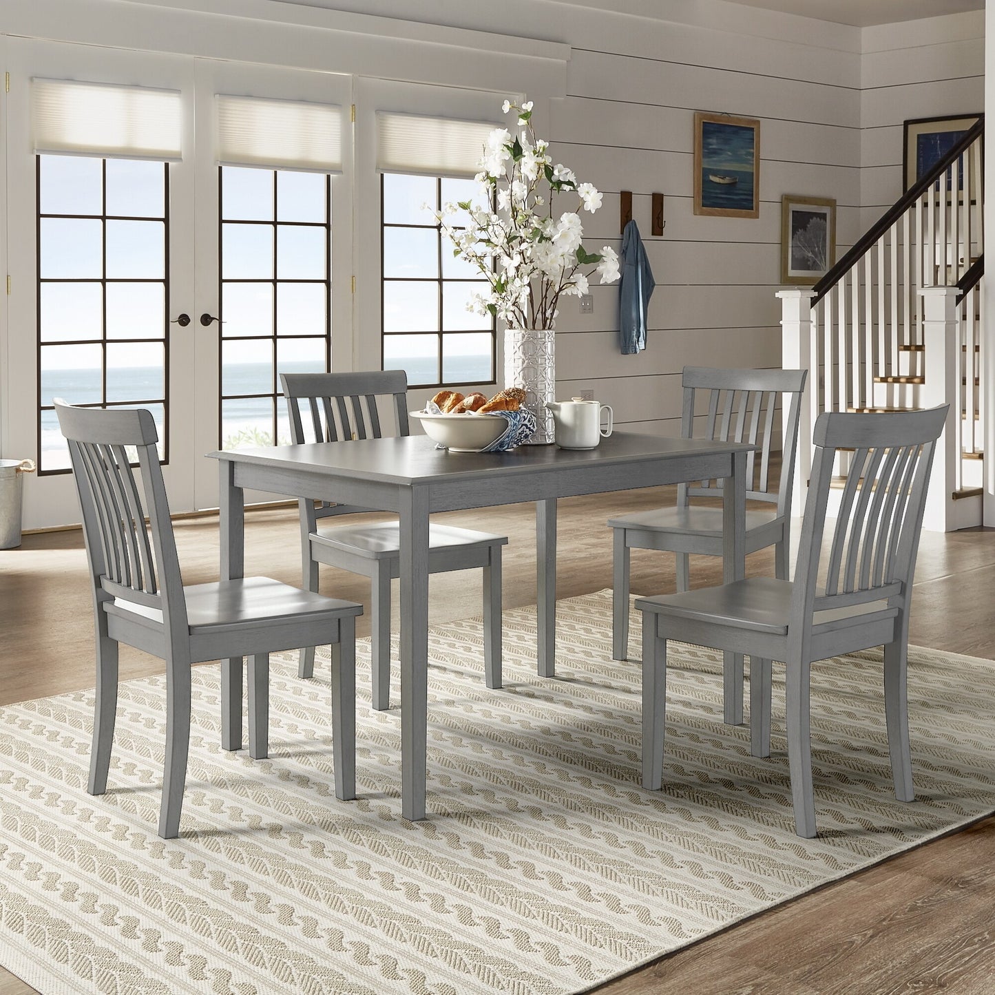Oak Wood Finish 48-inch Rectangle Dining Set - Antique Grey Finish, Mission Back Chairs