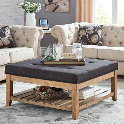 Pine Planked Storage Ottoman Coffee Table - Dark Grey Linen, Dimpled Tufted