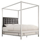 Metal Canopy Bed with Upholstered Headboard - Black Bonded Leather, Chrome Finish, King Size