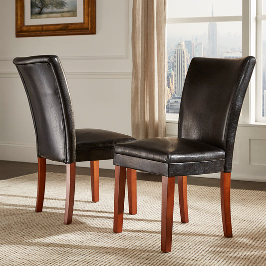 Faux Leather Parsons Dining Chairs (Set of 2) - Cherry Finish, Dark Brown Faux Leather