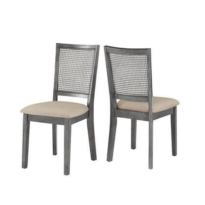 Antique Grey Beige Linen Rattan Back Dining Chairs (Set of 2)