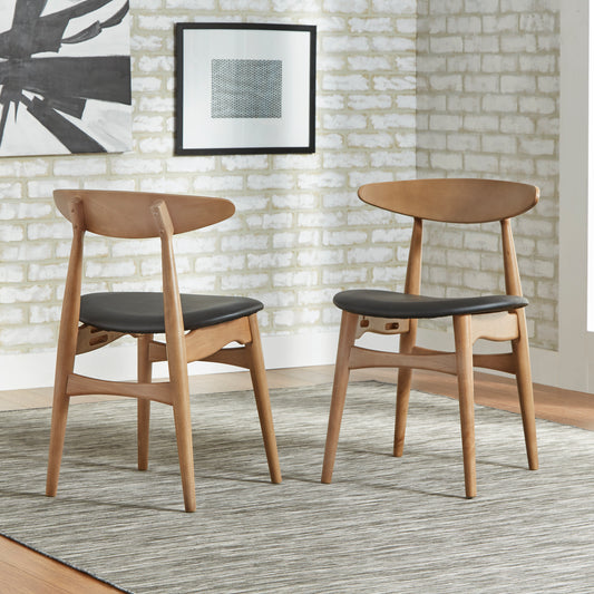 Mid-Century Modern Tapered Dining Chairs (Set of 2) - Natural Finish, Black Faux Leather