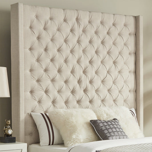 Wingback Button Tufted Linen Fabric Headboard - Beige, 84-inch Height, Queen Size
