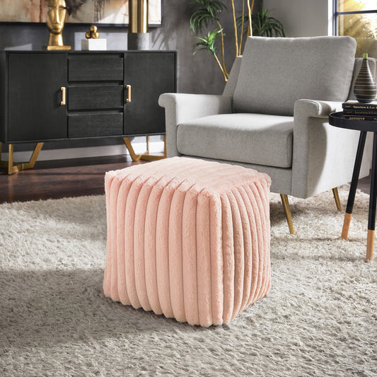 Upholstered Square Pouf Ottoman - Pink Channel Furry Fabric