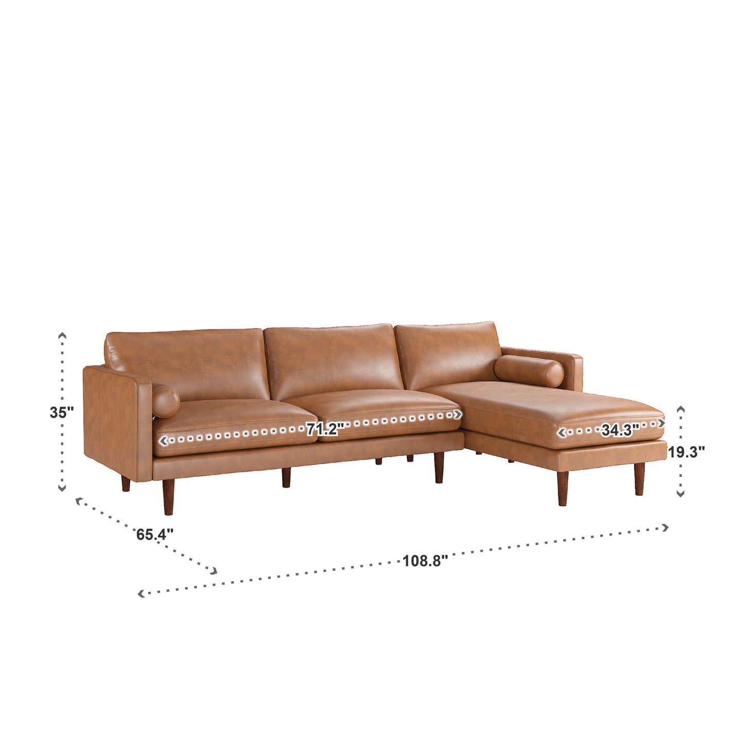 Mid-Century Faux Leather Sectional Sofa - Caramel, Right-Facing Chaise, 3-Seat Sectional