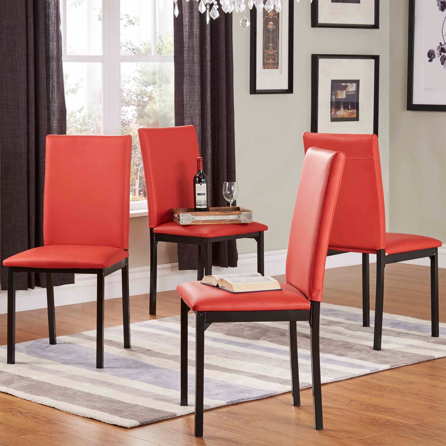 Metal Upholstered Dining Chairs - Red Faux Leather, Set of 4