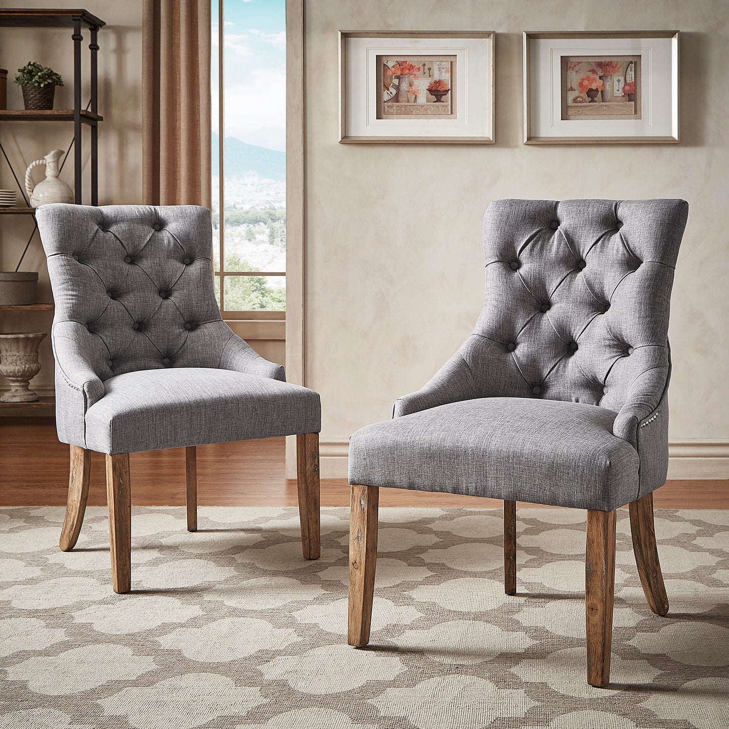 Linen Button Tufted Curved Back Dining Chairs (Set of 2) - Gray Linen