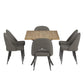 Wood Finish Dining Table with Upholstered Chairs Set - Line Pine Finish Table and Dark Grey Herringbone Fabric Chairs