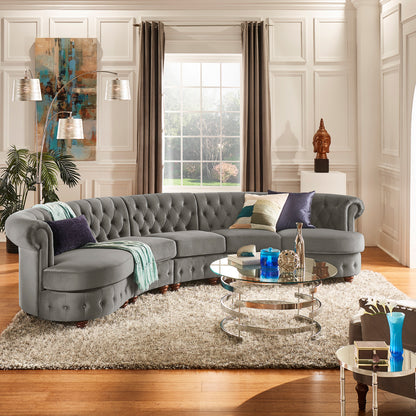 Velvet Tufted Scroll Arm Chesterfield 5-Seat Curved Sofa - Grey