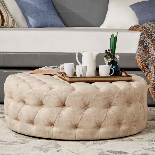 Round Tufted Ottoman with Casters - Beige Linen