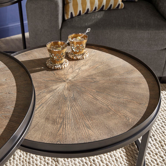 Grey Oak Finish Round Table - End Table and Nesting Coffee Table Set