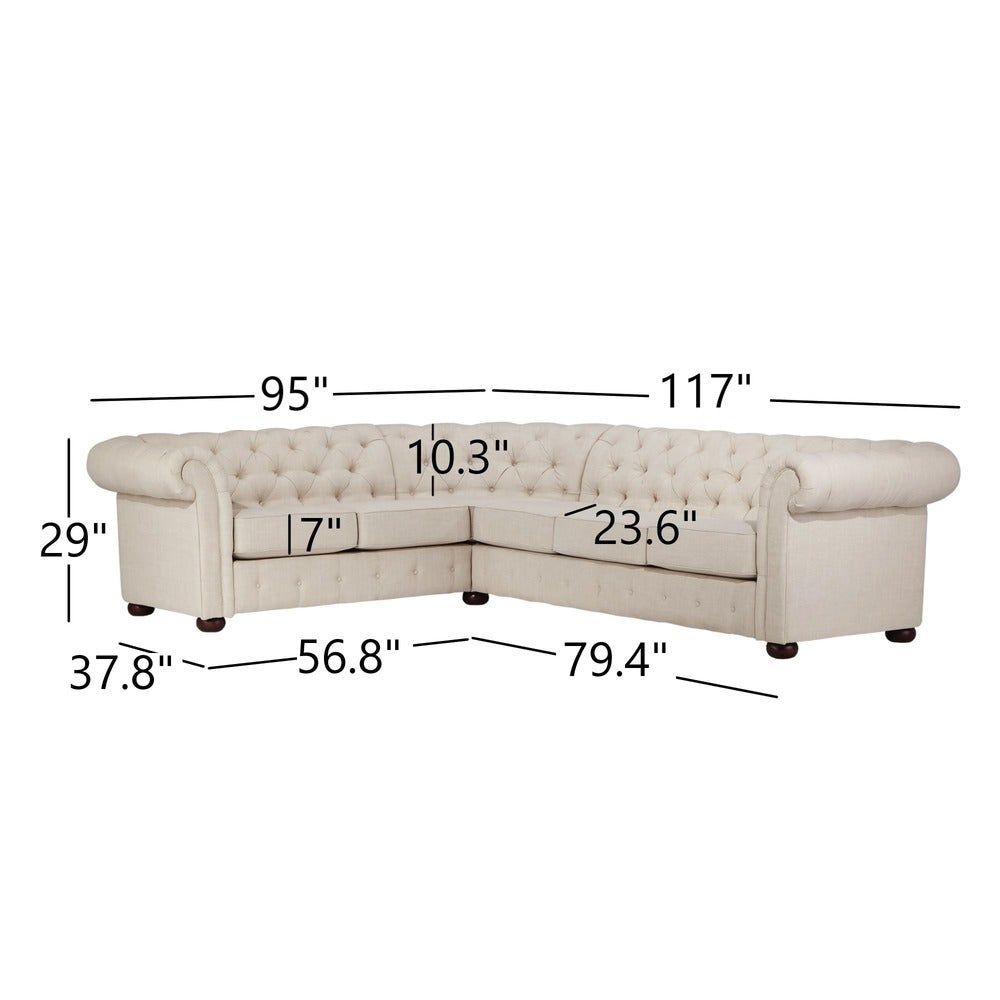6-Seat L-Shaped Chesterfield Sectional Sofa - Beige Linen