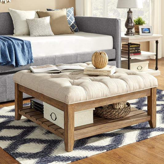 Pine Planked Storage Ottoman Coffee Table - Beige Linen, Button Tufted