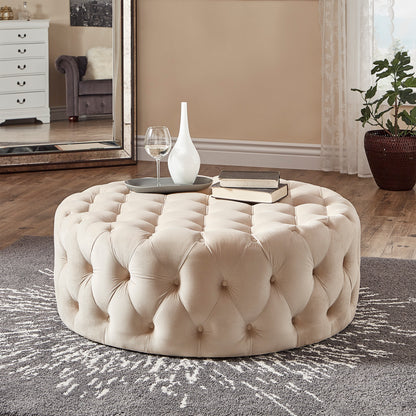 Round Tufted Ottoman with Casters - Beige Velvet