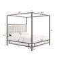 Metal Canopy Bed with Upholstered Headboard - Off-White Linen, Black Nickel Finish, King Size
