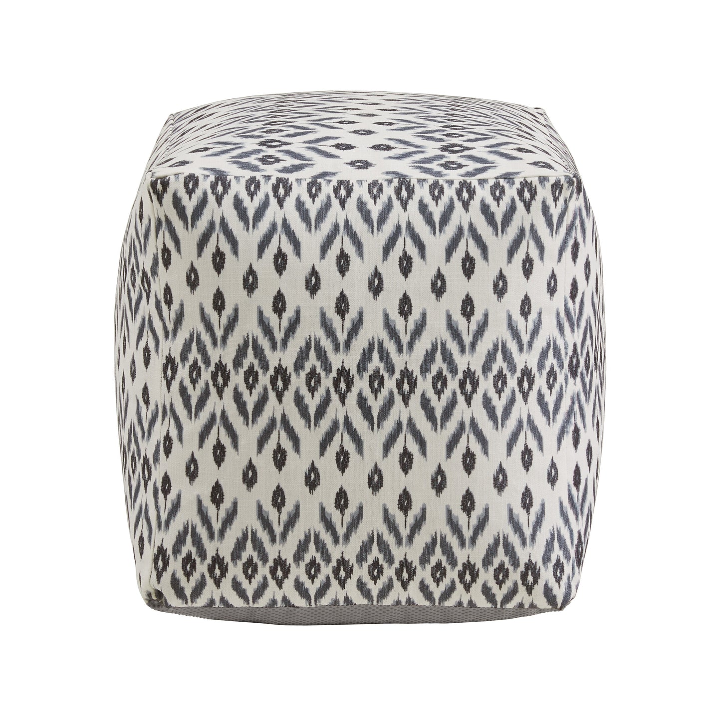 Upholstered Square Pouf Ottoman - Ivory & Blue Abstract Diamond Pattern Fabric