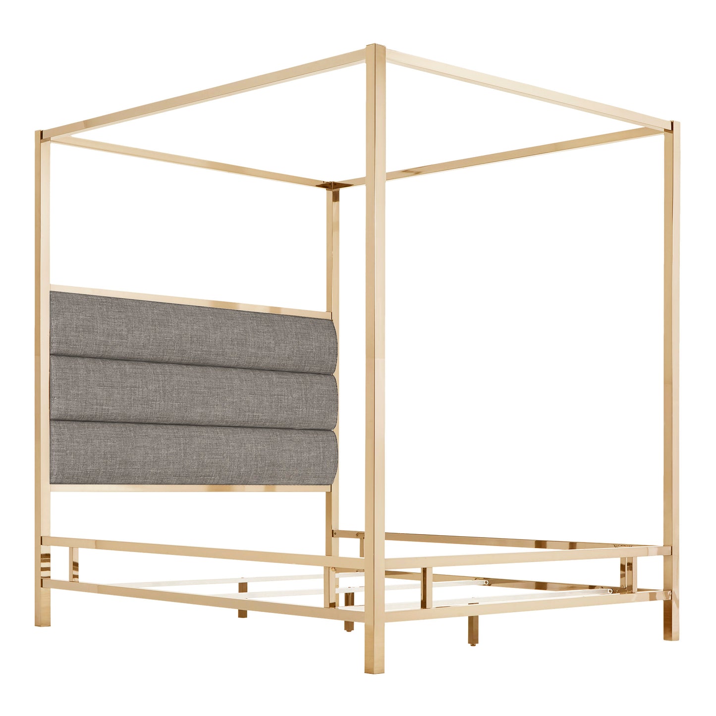 Metal Canopy Bed with Upholstered Headboard - Grey Linen, Champagne Gold Finish, Queen Size