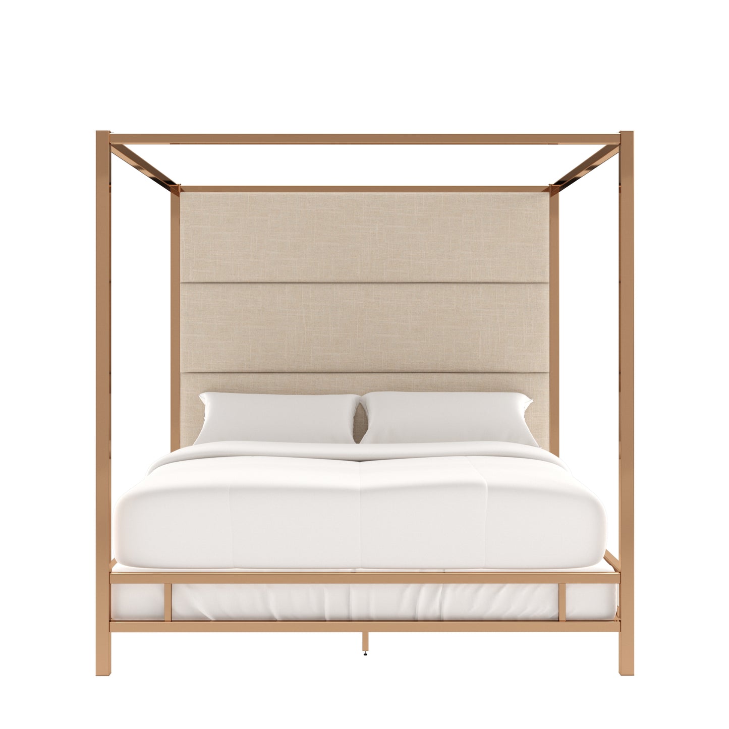 Metal Canopy Bed with Linen Panel Headboard - Off-White Linen, Champagne Gold Finish, King Size