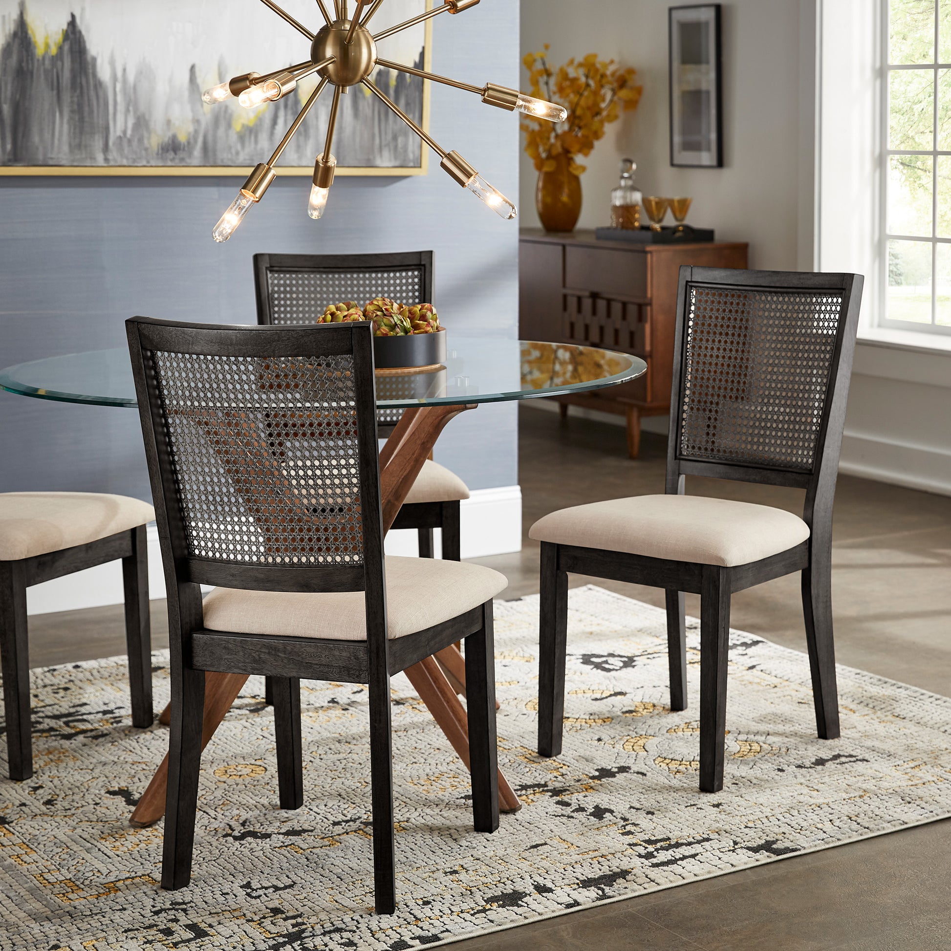 Beige Linen Rattan Back Dining Chairs (Set of 2) Antique Black
