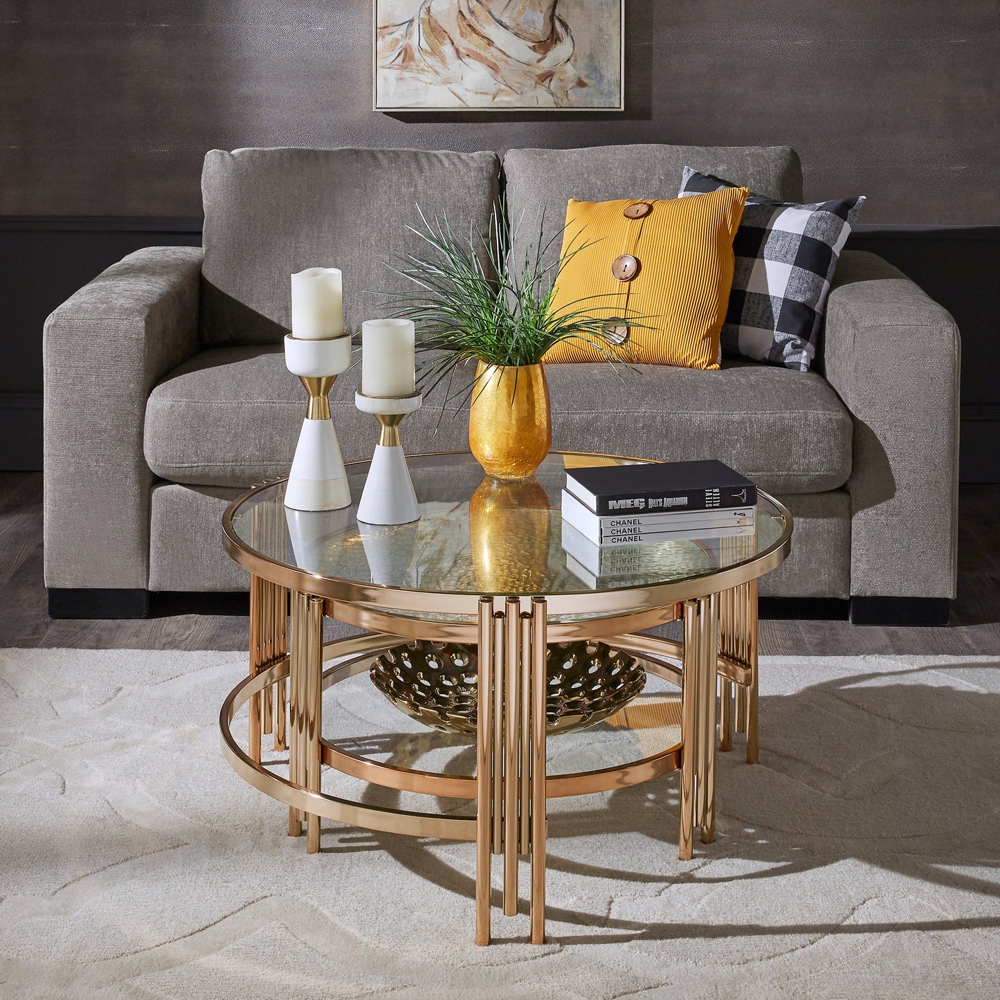 Champagne Gold Finish Textured Glass Table with Shelf - Nesting Coffee Table