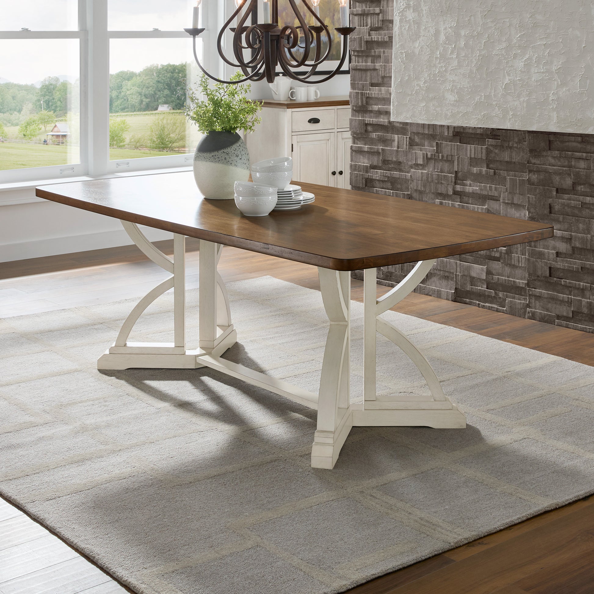 78-inch Oak Top Dining Table with Interlocking Base Antique White Base