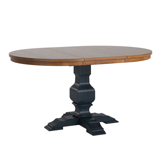 Two-Tone Oval Solid Wood Top Extending Dining Table - Oak Top with Antique Denim Blue Base