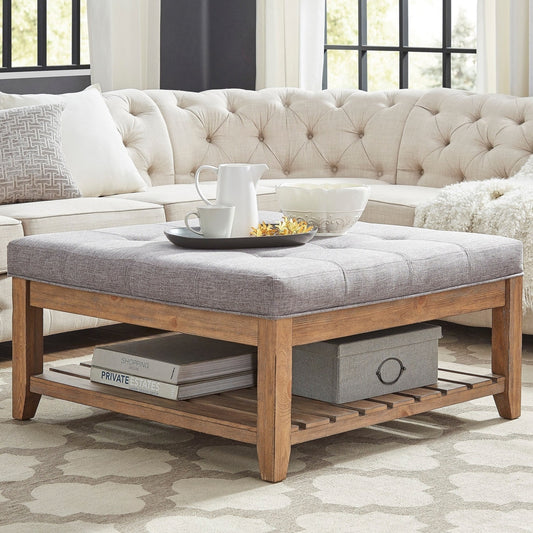 Pine Planked Storage Ottoman Coffee Table - Grey Linen, Dimpled Tufted