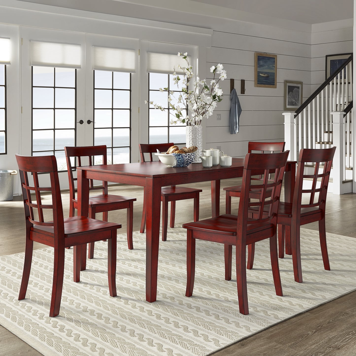 60-inch Rectangular Antique Berry Red Dining Set - Window Back Chairs, 7-Piece Set
