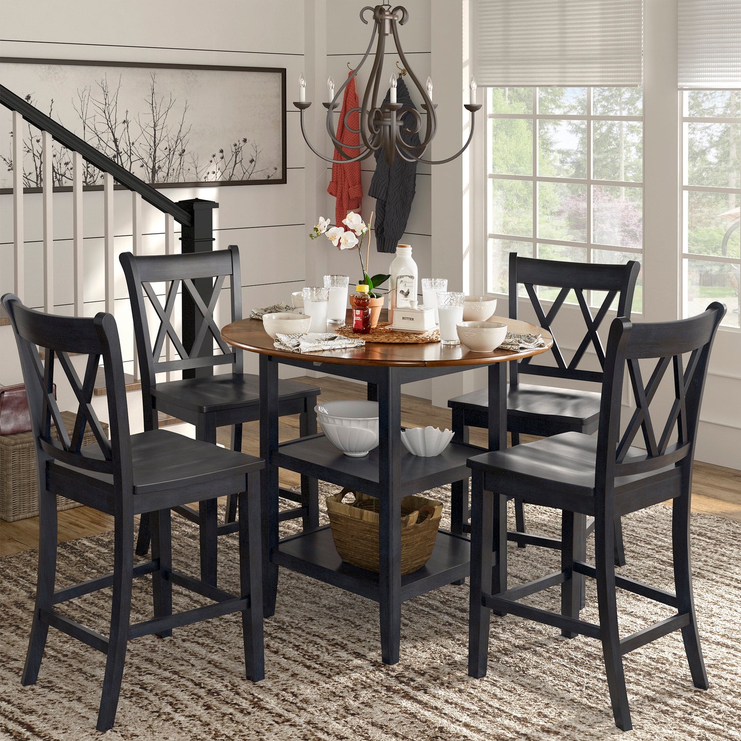 Antique Finish Drop Leaf Round Counter Height Dining Set - Antique Denim, Double X-Back Chair, 5-Piece