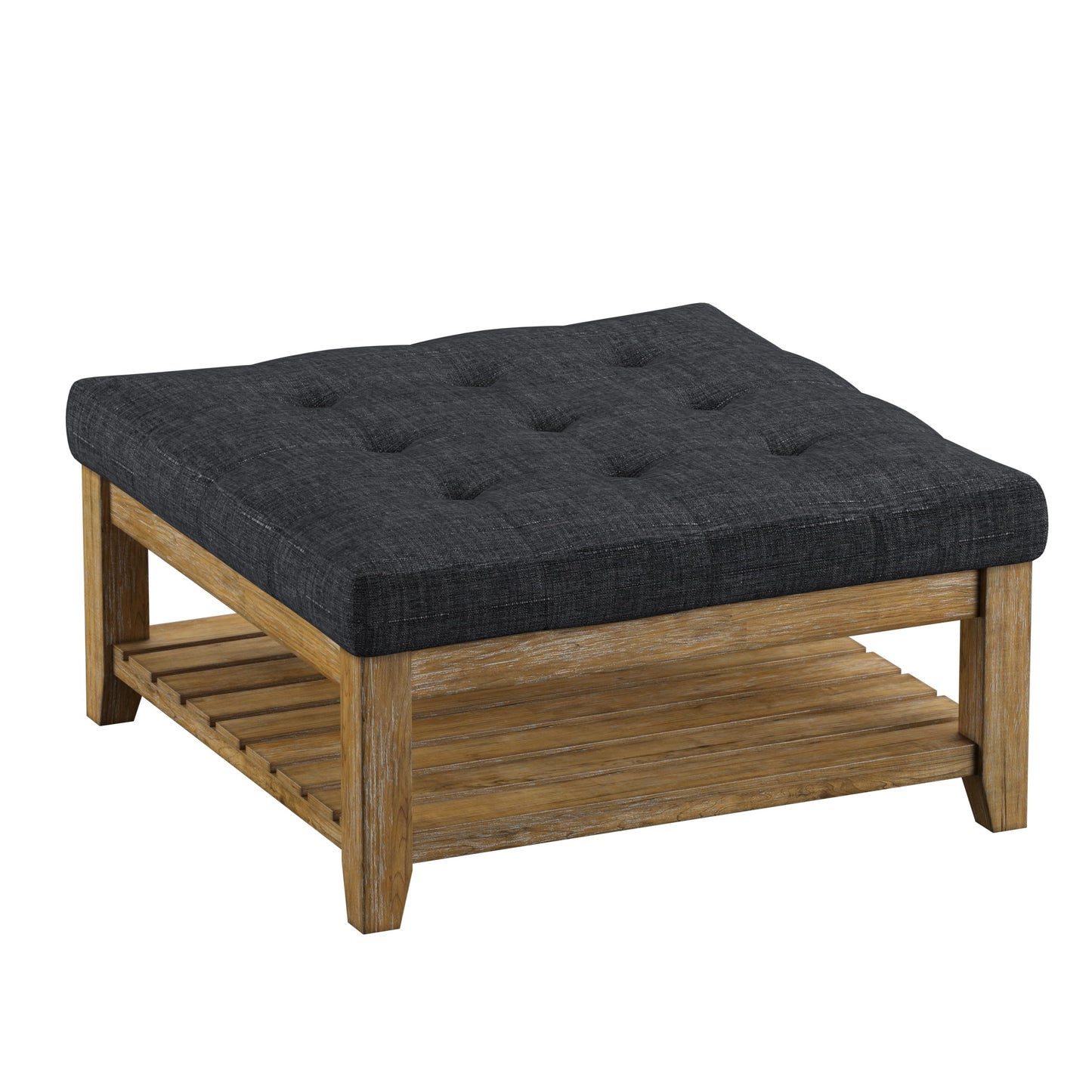 Pine Planked Storage Ottoman Coffee Table - Dark Grey Linen, Dimpled Tufted