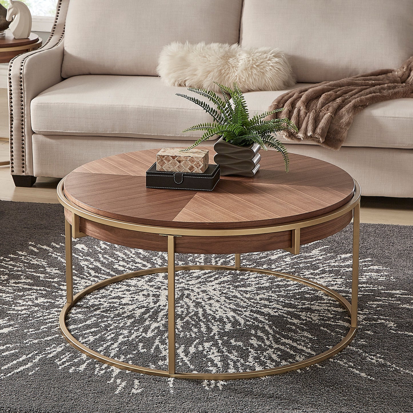 Round Table with Metal Base - Natural Finish, Coffee Table
