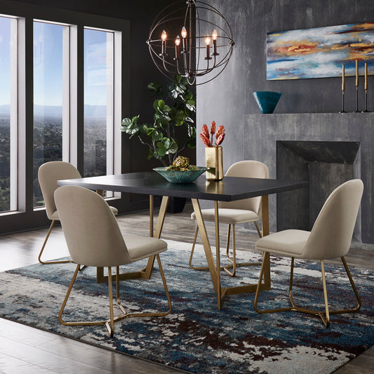 Black and Distressed Gold Finish Dining Set - 5-Piece Set, Beige Upholstered Chairs