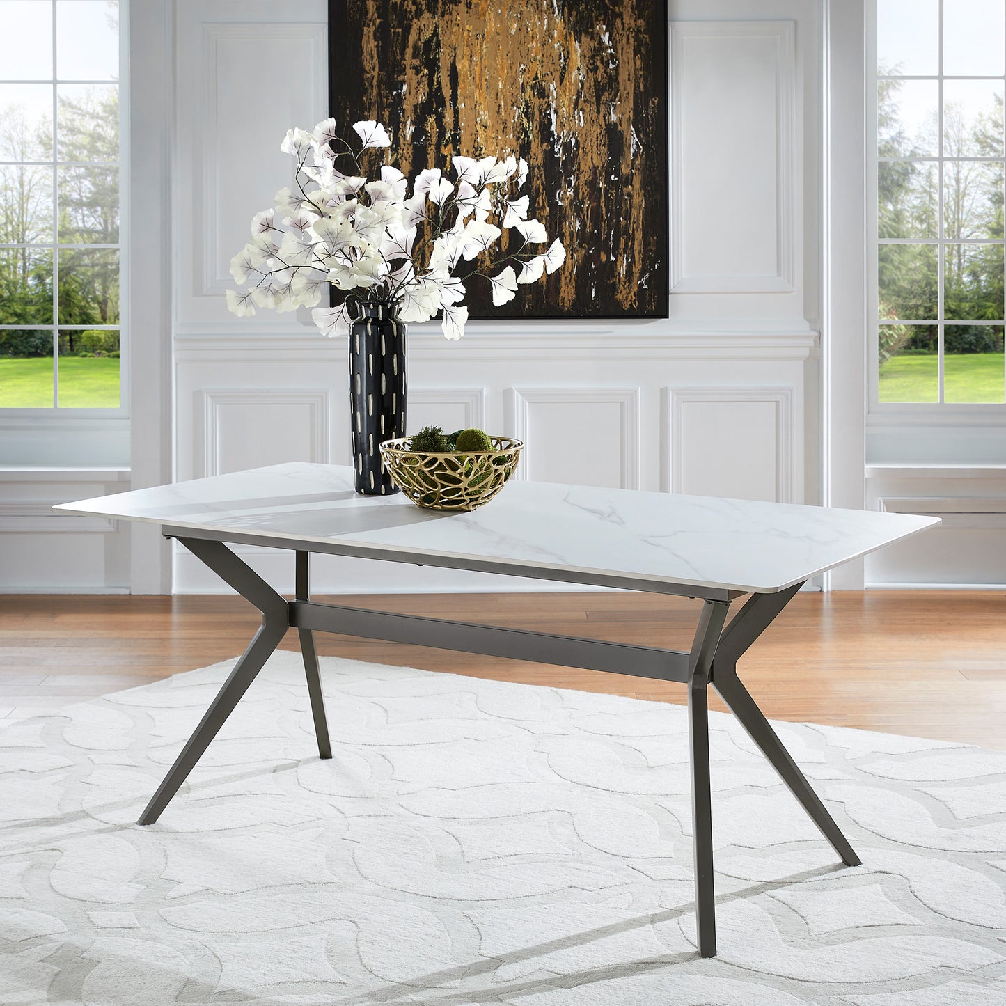 70" Iron Grey Metal Base 4-6 Person Dining Table - White Sintered Stone Top
