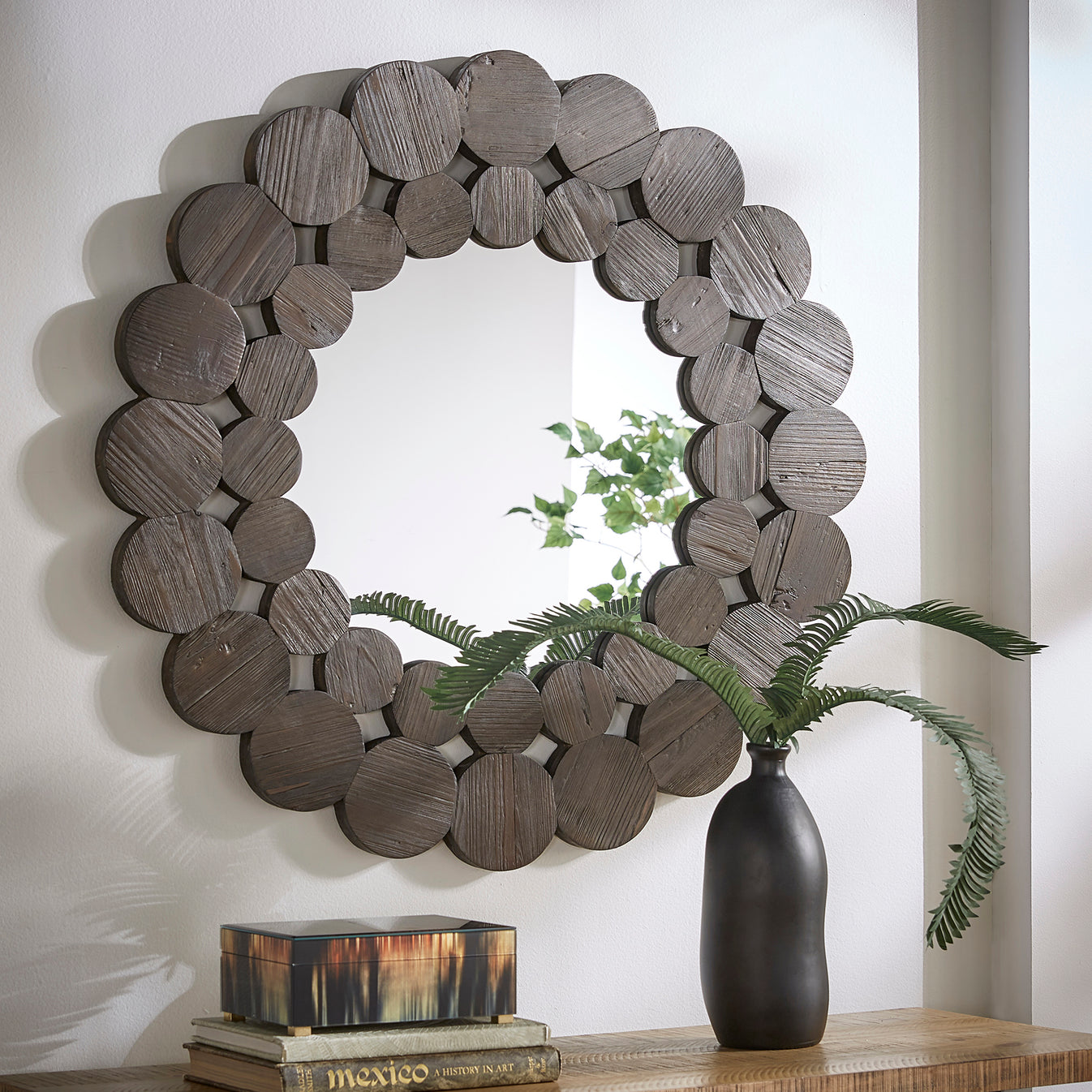 Dark Brown Reclaimed Wood Round Wall Mirror - Large by iNSPIRE Q Artisan – iNSPIRE Q Home