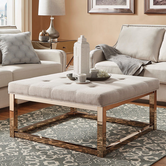 Champagne Gold Square Base Ottoman - Beige Linen, Dimpled Tufts
