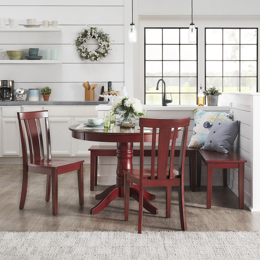 Wood 5-Piece Breakfast Nook Set - Antique Berry Red Finish, Slat Back, Round Table