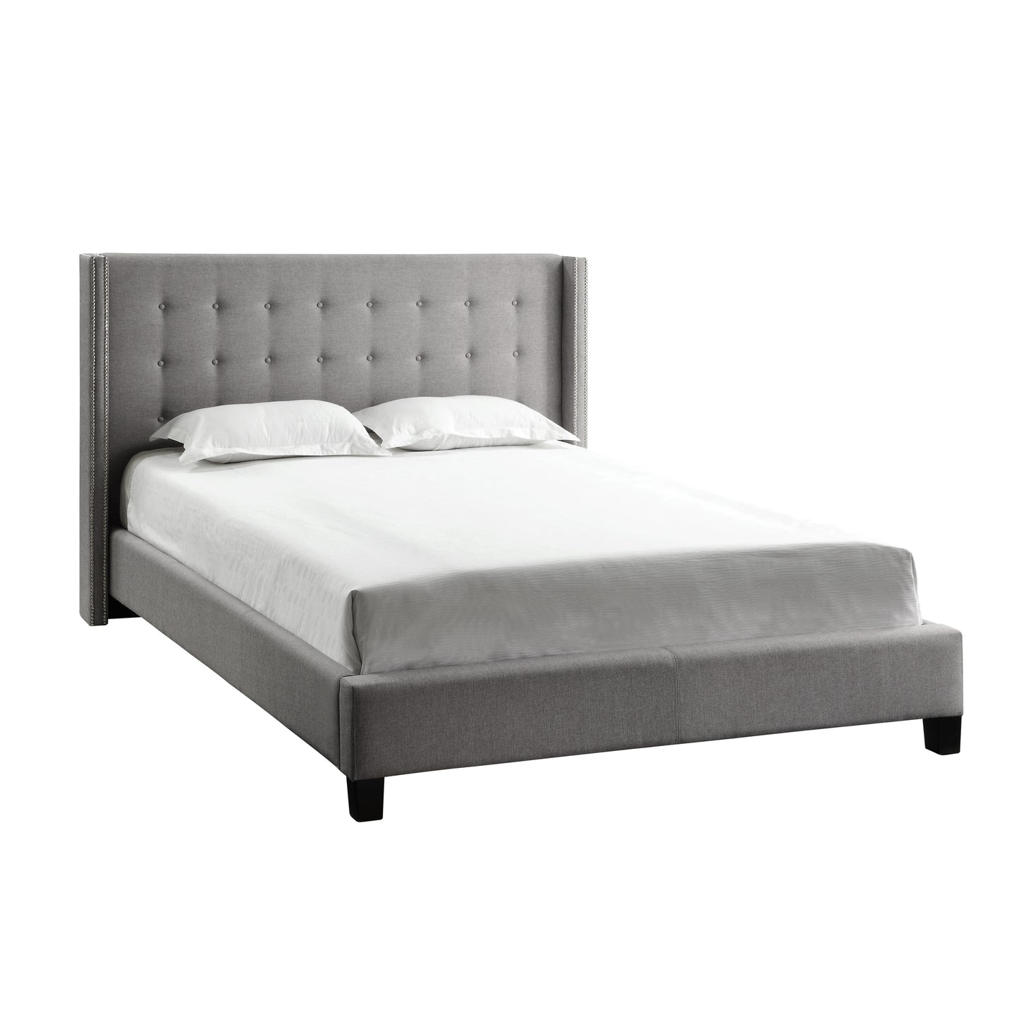 Nailhead Wingback Tufted Upholstered Platform Bed - Grey Linen, Queen