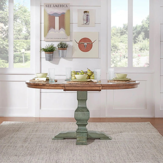 Two-Tone Oval Solid Wood Top Extending Dining Table - Oak Top with Antique Sage Green Base