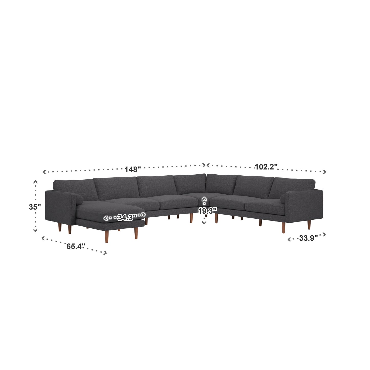Mid-Century Upholstered Sectional Sofa - Black, 7-Seat, U-Shape Sectional with Left-Facing Chaise