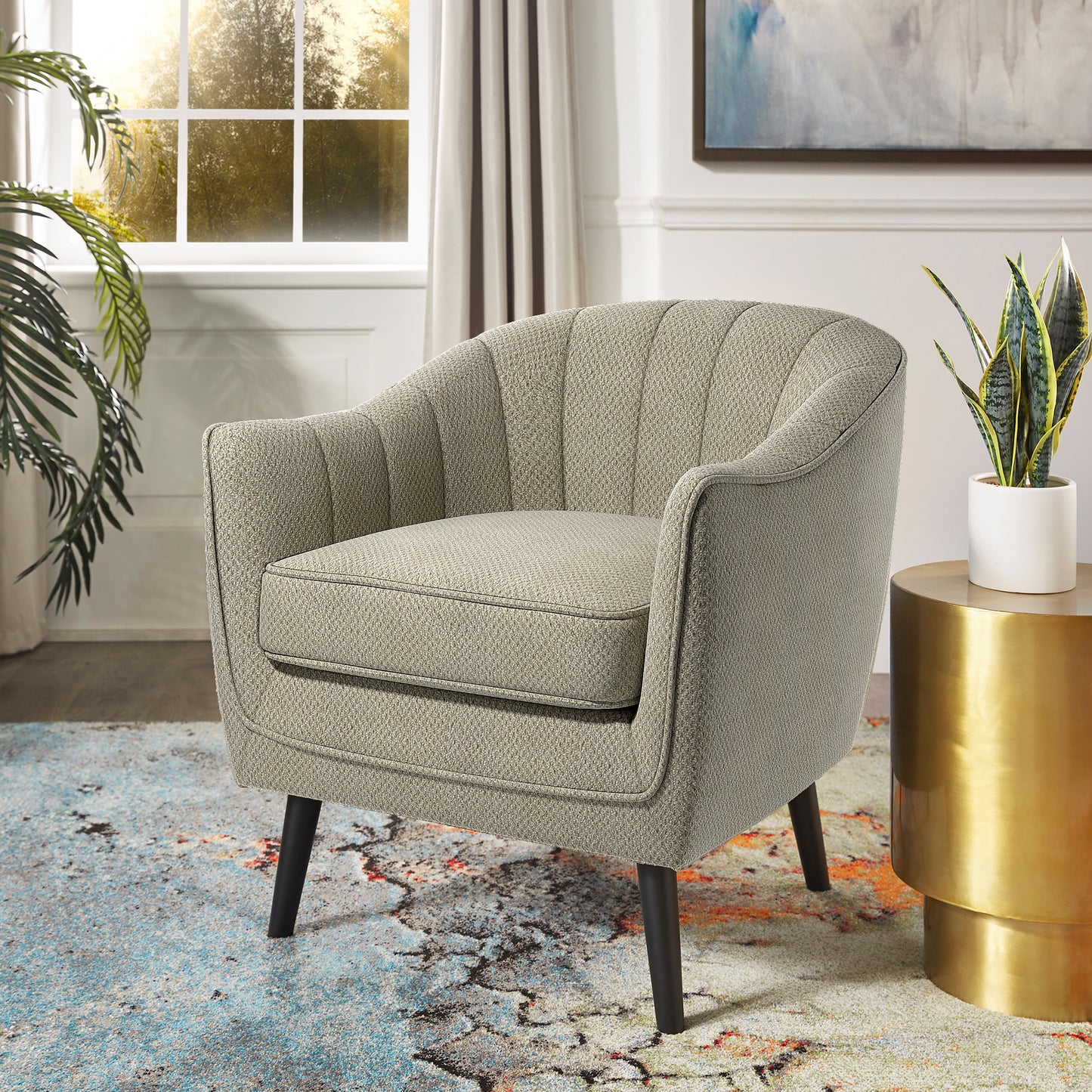 Mid-Century Modern Channel-Tufted Accent Chair with Removable Cushion Cover - Grey