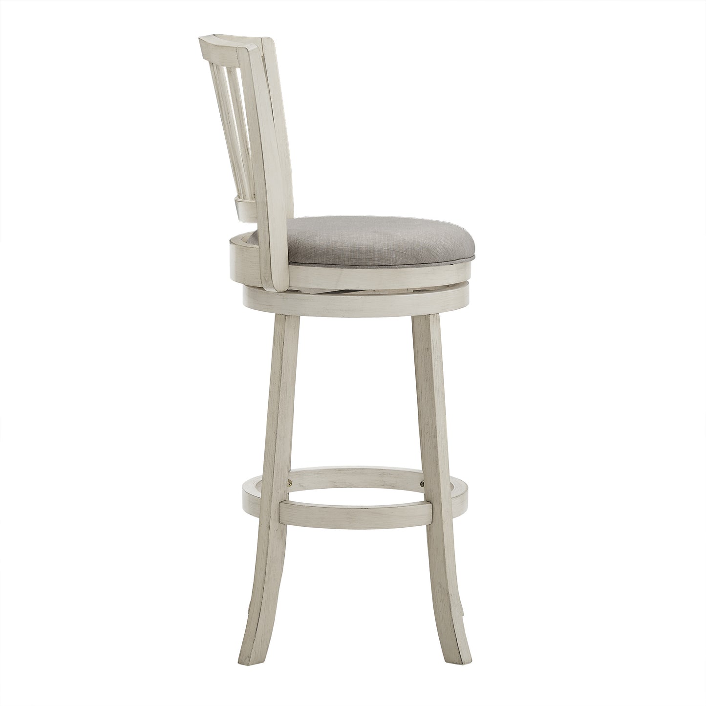 Slat Back Swivel Chair - 29" Bar Height, Antique White Finish, Grey Linen