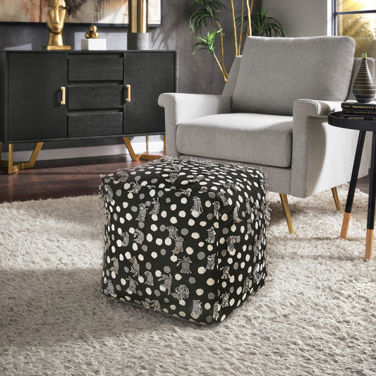 Upholstered Square Pouf Ottoman - Black White & Grey Poker Dot Pattern Fabric With Fringe
