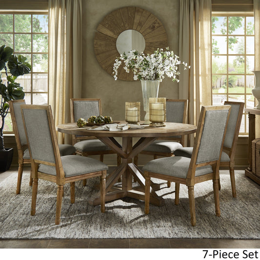 Round 7-Piece Dining Set - Grey Linen, Rectangular Chair Backs